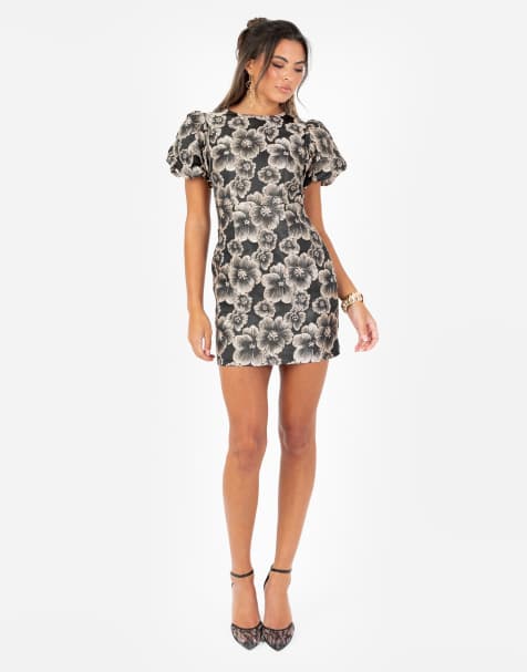 Maya Floral jacquard keyhole back mini dress in black - view 1