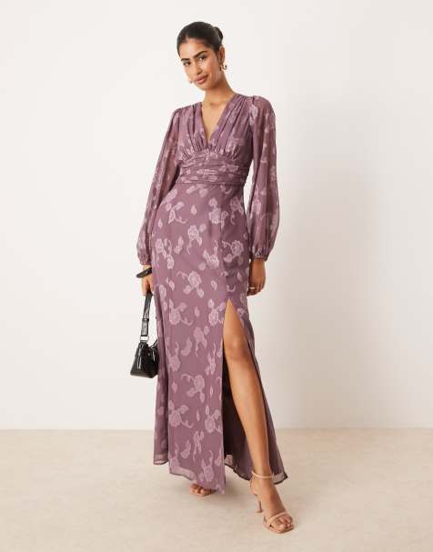 Maya Floral jacquard long sleeve maxi dress in moody lilac