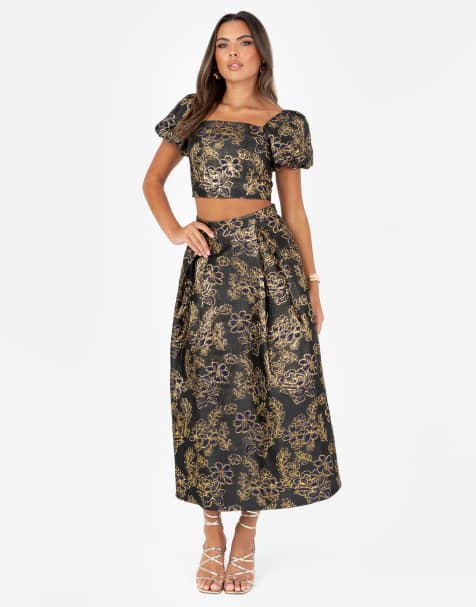 Maya Floral jacquard pleated midi skirt in navy - view 1