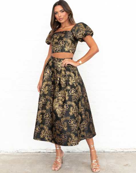 Maya Floral jacquard pleated midi skirt in navy