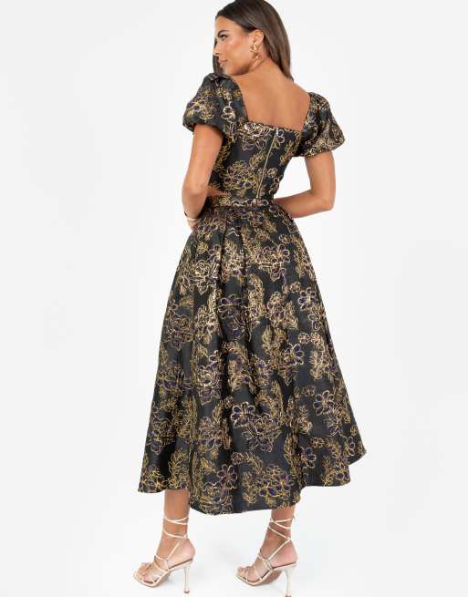 Maya Floral jacquard pleated midi skirt in navy, 2 of 4