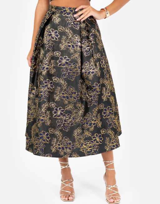 Maya Floral jacquard pleated midi skirt in navy, 3 of 4