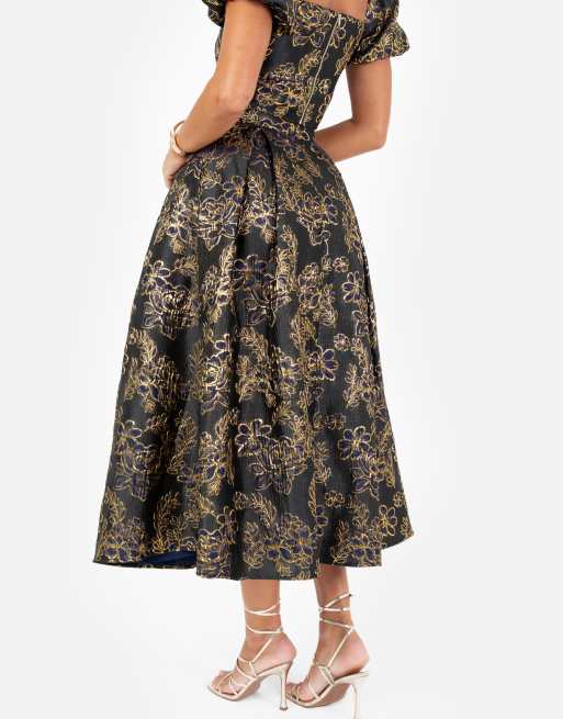 Maya Floral jacquard pleated midi skirt in navy, 4 of 4