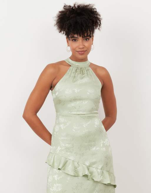 Maya Floral jacquard satin halter neck maxi dress in meadow green, 3 of 4