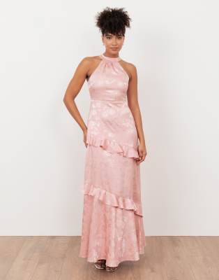 Maya Floral jacquard satin halter neck maxi dress in soft pink