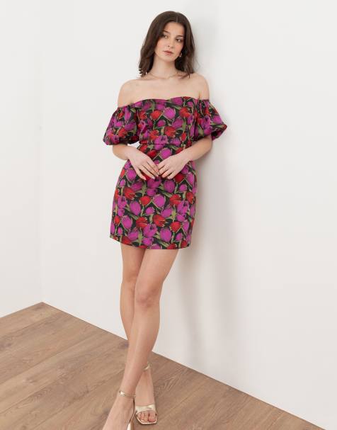 Maya Floral jacquard short sleeve bardot mini dress in multi - view 1