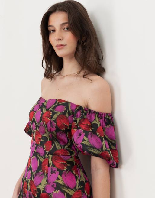 Maya Floral jacquard short sleeve bardot mini dress in multi, 2 of 4