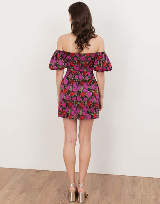 Maya Floral jacquard short sleeve bardot mini dress in multi, 3 of 4