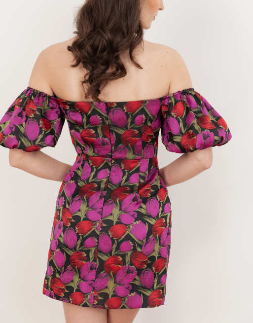 Maya Floral jacquard short sleeve bardot mini dress in multi, 4 of 4