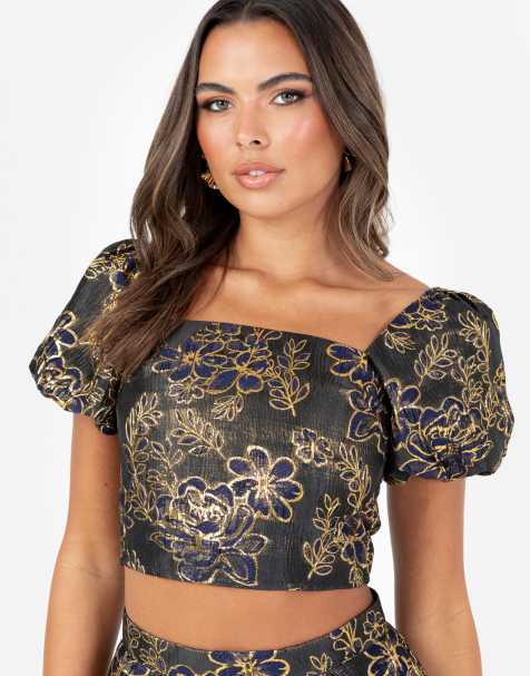 Maya Floral jacquard square neck puff sleeve crop top in navy - view 1