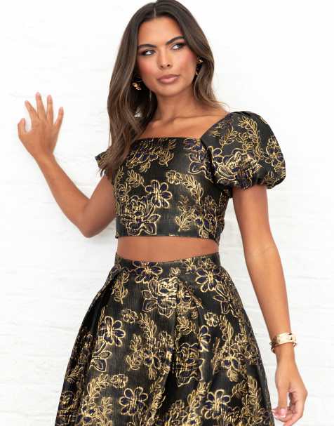 Maya Floral jacquard square neck puff sleeve crop top in navy