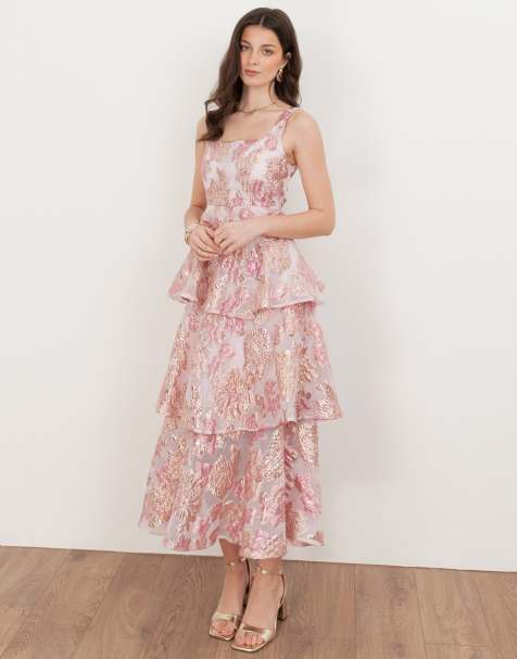 Maya Floral jacquard square neck tiered midi dress in lilac