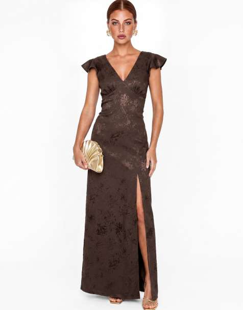 Maya Floral jacquard tie-back satin maxi dress in espresso - view 1