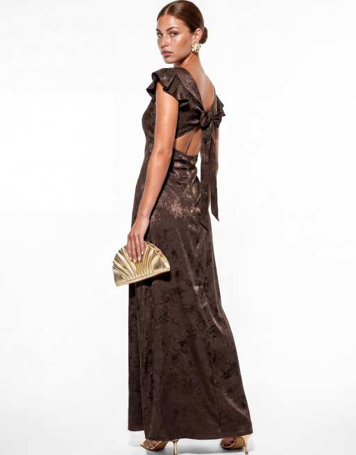 Maya Floral jacquard tie-back satin maxi dress in espresso, 2 of 5