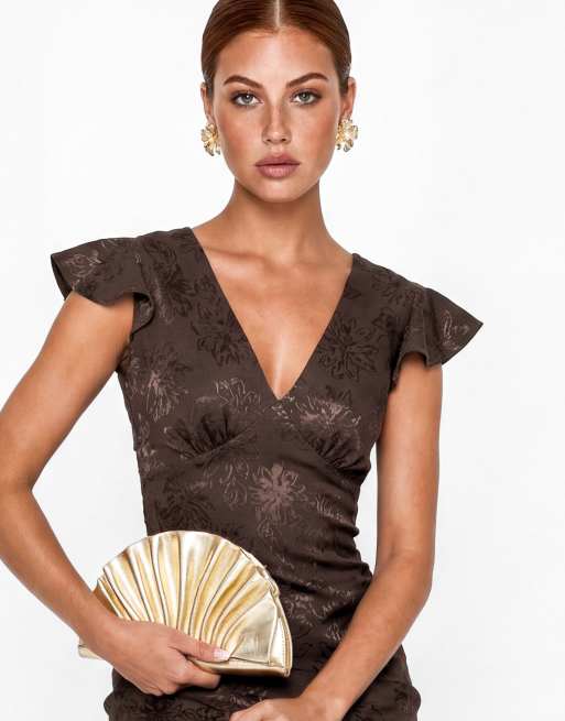 Maya Floral jacquard tie-back satin maxi dress in espresso, 4 of 5