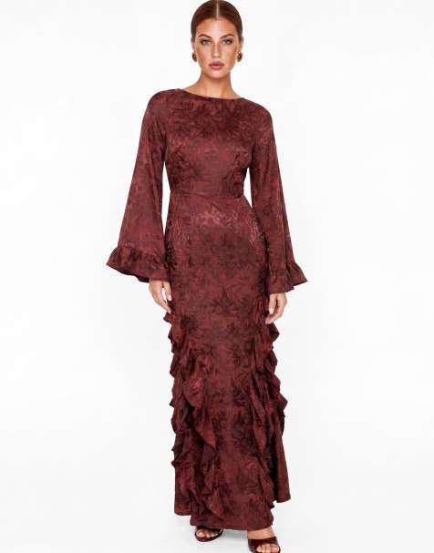 Maya Floral jacquard waterfall ruffle satin maxi dress in dark red - view 1