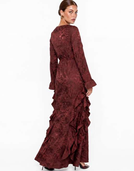 Maya Floral jacquard waterfall ruffle satin maxi dress in dark red, 2 of 5