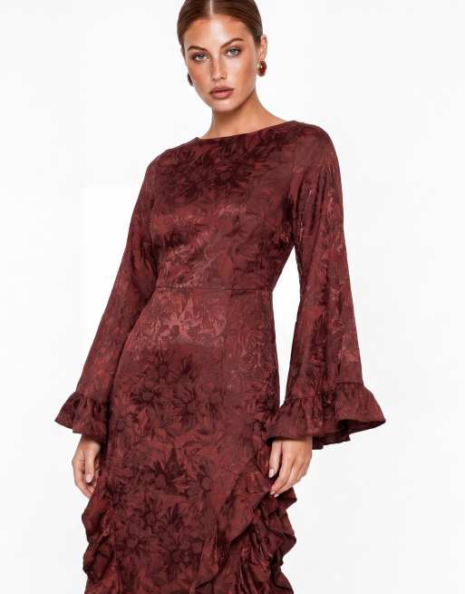 Maya Floral jacquard waterfall ruffle satin maxi dress in dark red, 4 of 5
