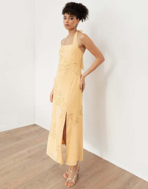 Maya Floral motif halter neck midaxi dress in buttercream