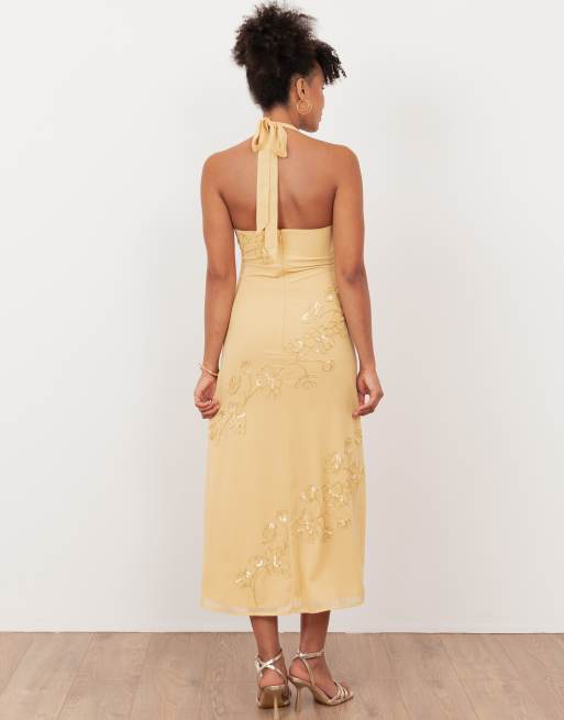 Maya Floral motif halter neck midaxi dress in buttercream, 3 of 4