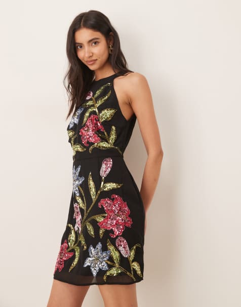 Maya Floral motif halter neck mini dress in black