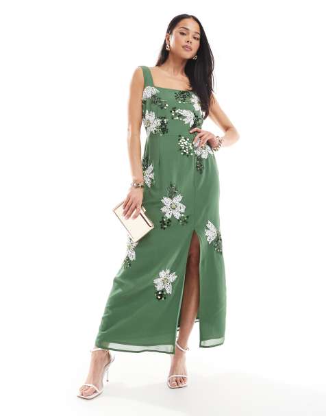 Maya Floral motif scalloped square neck midaxi dress in mid green