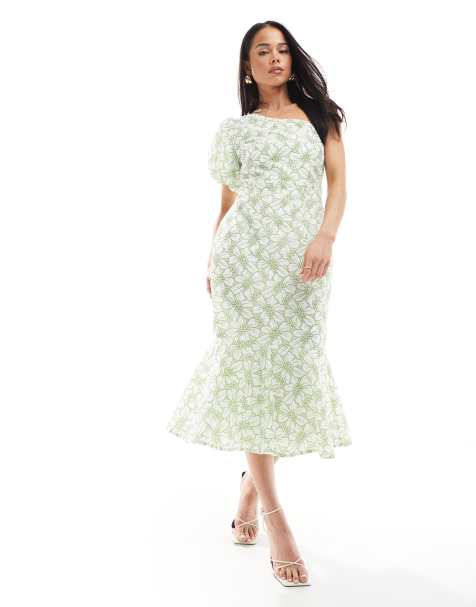 Maya Floral one shoulder peplum midi dress in sage green - view 1
