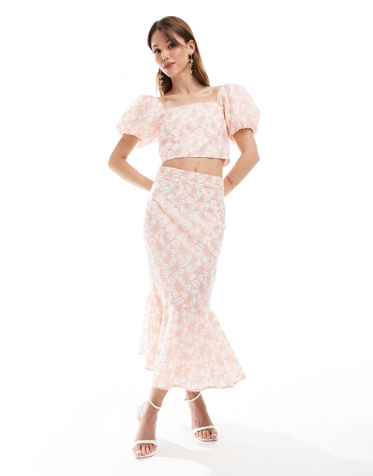 Maya Floral print peplum hem midi skirt in coral