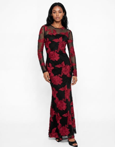 Maya Floral ribbon applique long sleeve mesh maxi dress in black - view 1