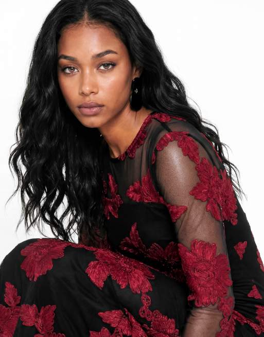 Maya Floral ribbon applique long sleeve mesh maxi dress in black, 3 of 7