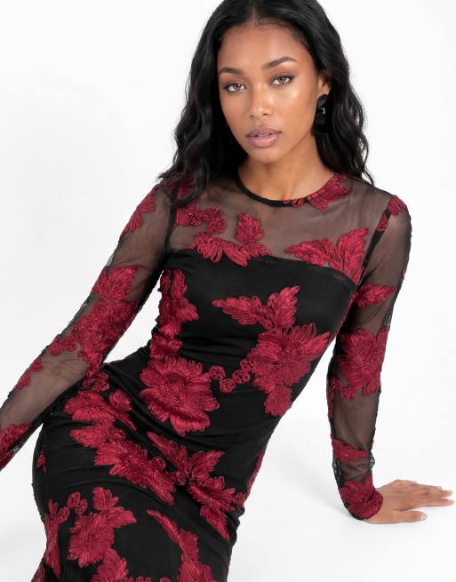 Maya Floral ribbon applique long sleeve mesh maxi dress in black, 4 of 7