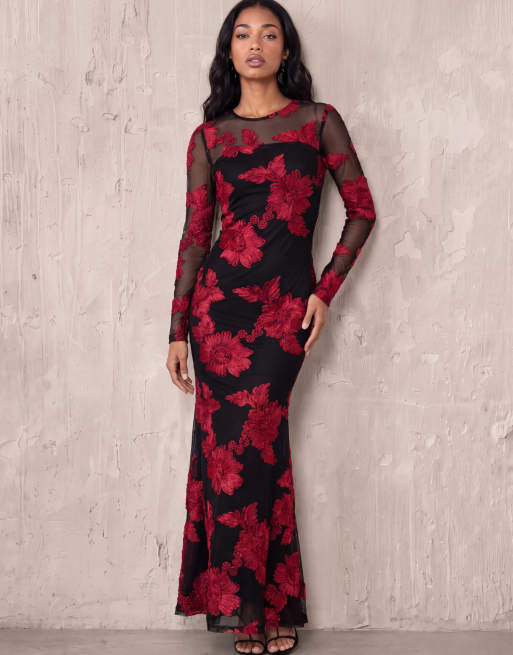 Maya Floral ribbon applique long sleeve mesh maxi dress in black, 6 of 7