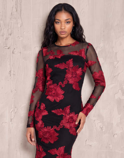 Maya Floral ribbon applique long sleeve mesh maxi dress in black, 7 of 7