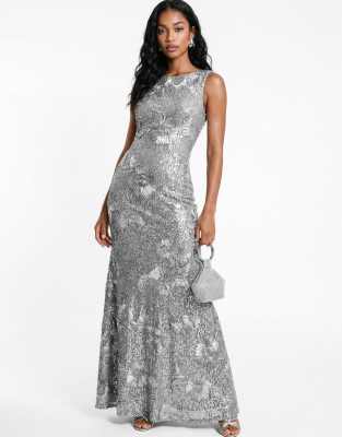 Maya Floral Ribbon Applique Sequin Sleeveless Maxi Dress In Silver