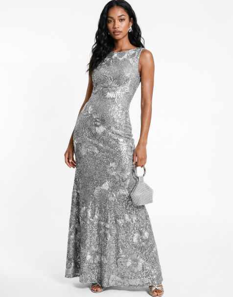 Maya Floral ribbon applique sequin sleeveless maxi dress in silver - view 1