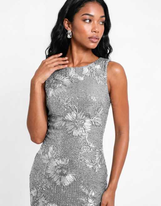 Maya Floral ribbon applique sequin sleeveless maxi dress in silver, 3 of 6
