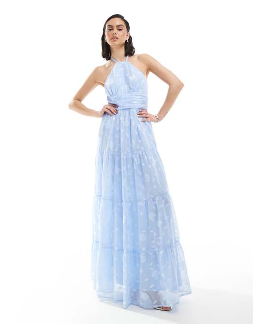 Maya Floral self-tie halter neck maxi dress in light blue