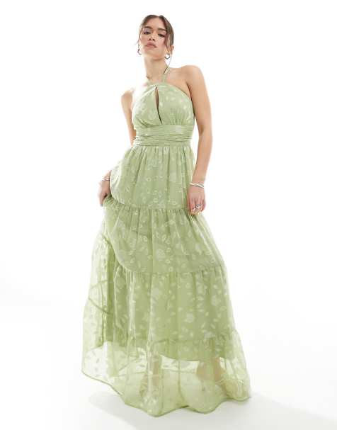 Maya Floral self-tie halter neck maxi dress in sage green - view 1