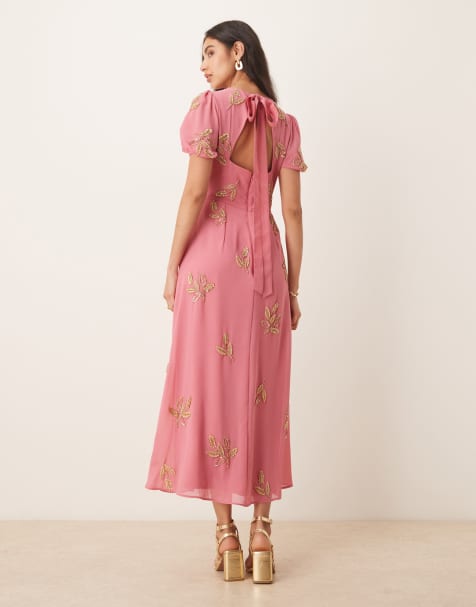 Maya Floral short sleeve keyhole back dress in rosey pink