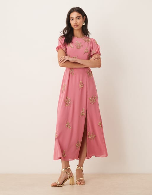 Maya Floral short sleeve keyhole back dress in rosey pink