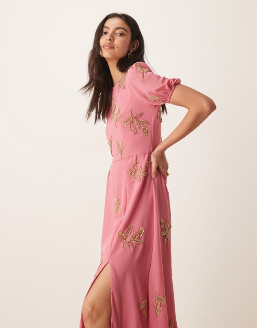 Maya Floral short sleeve keyhole back dress in rosey pink