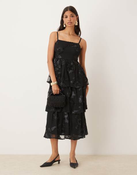 Maya Floral tiered cami midi dress in black