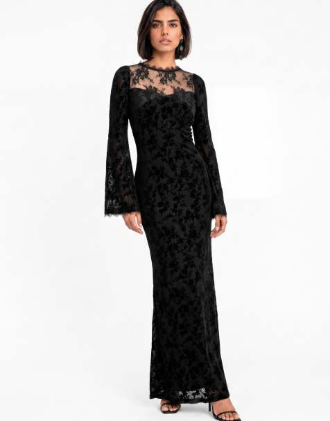 Maya Floral velvet burnout bell sleeve maxi dress in black