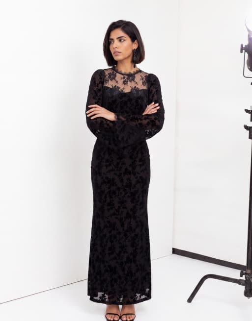 Maya Floral velvet burnout bell sleeve maxi dress in black, 6 of 6