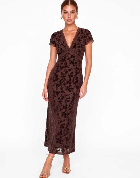 Maya Floral velvet devore v neck midaxi dress in chocolate - view 1