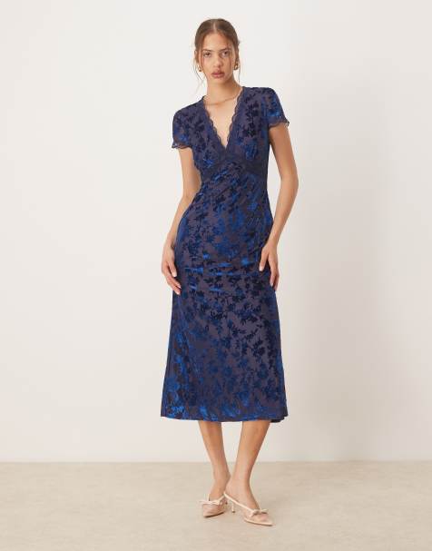 Maya Floral velvet devore v neck midaxi dress in navy - view 1