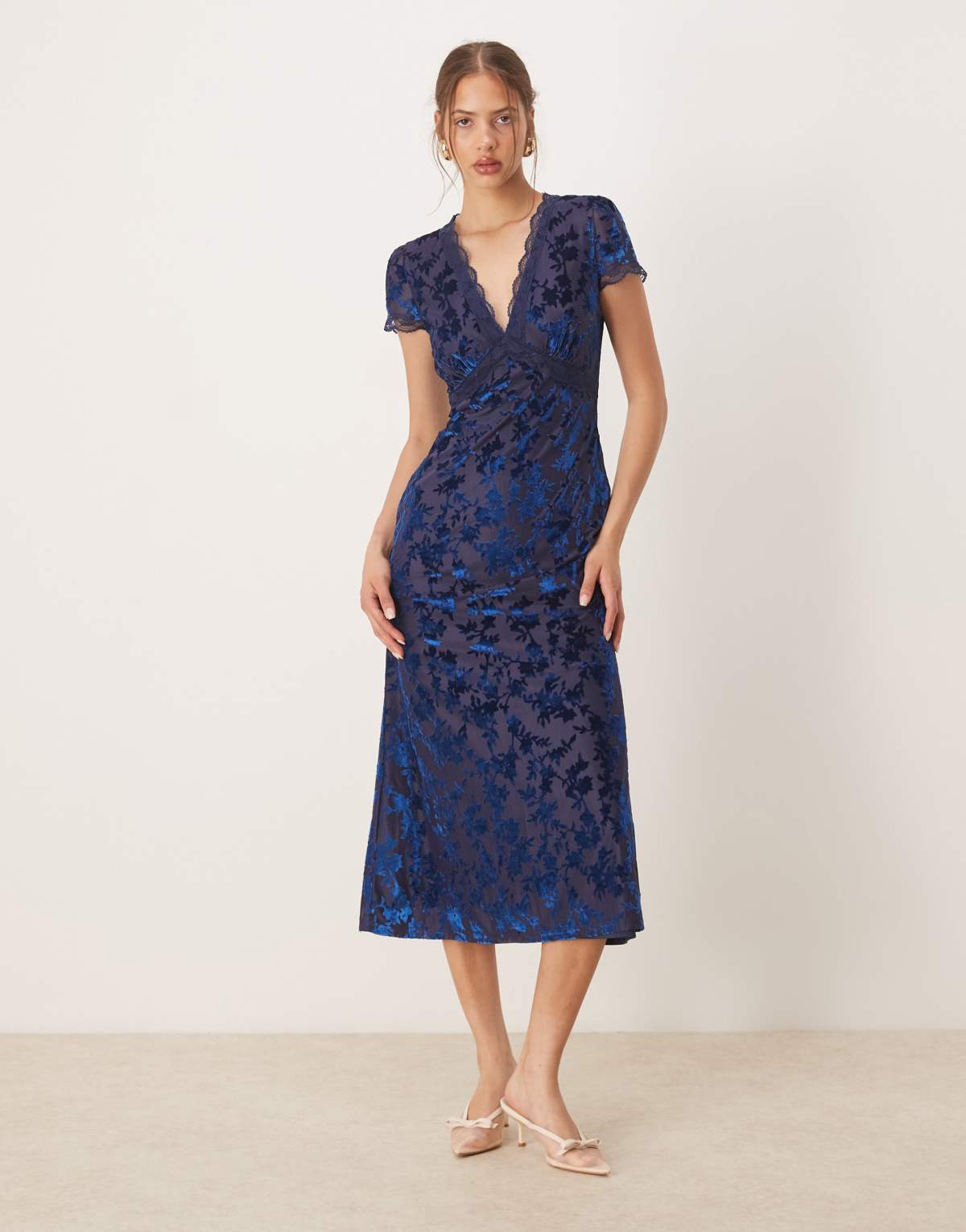 Maya Floral velvet devore v neck midaxi dress in navy