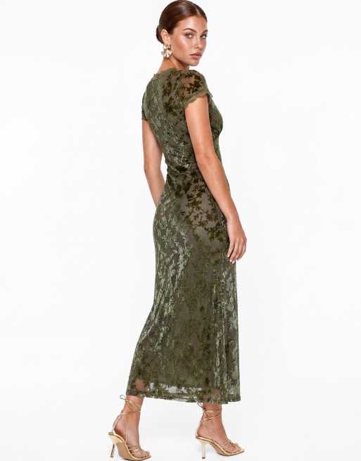 Maya Floral velvet devore v neck midaxi dress in olive, 2 of 5