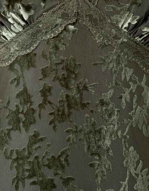 Maya Floral velvet devore v neck midaxi dress in olive, 5 of 5