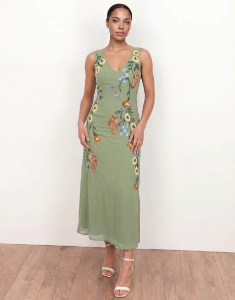 Maya Flower embellished tie back midaxi slip dress in olive sage - view 1